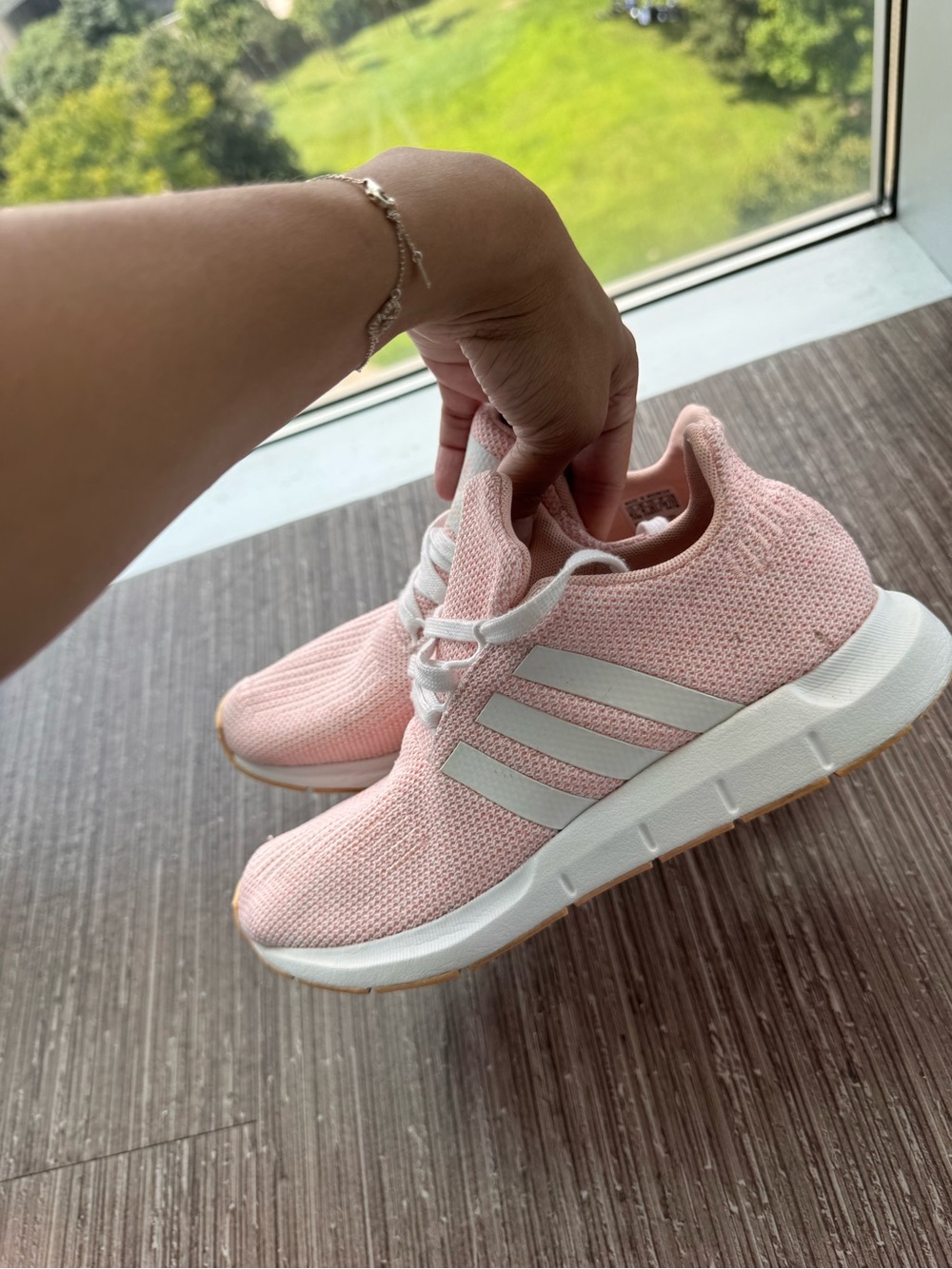 adidas Women’s Light Pink Knit Athletic Sneakers with White Stripes